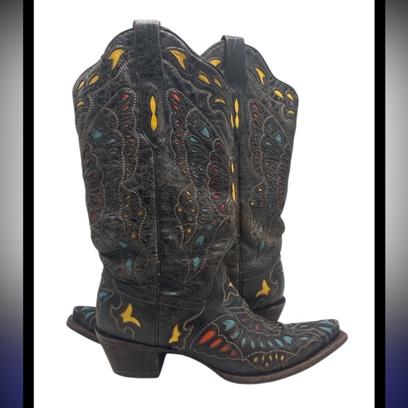 Corral Shoes - Corral Womens western Cowboy Boots - Black Butterfly Print rainbow size 9